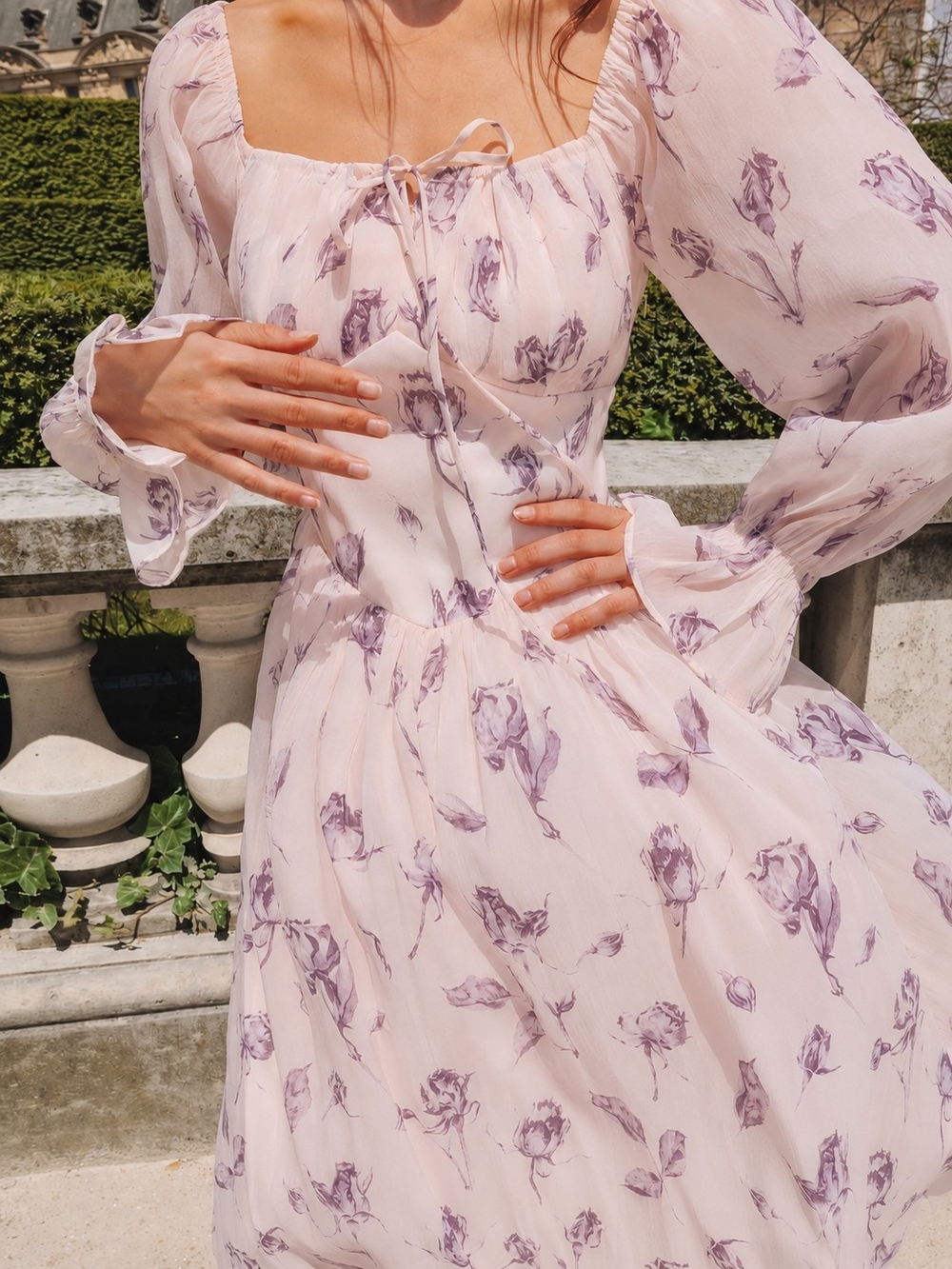 Lichi Romantic Floral Midi Dress – Blush Pink & Lavender